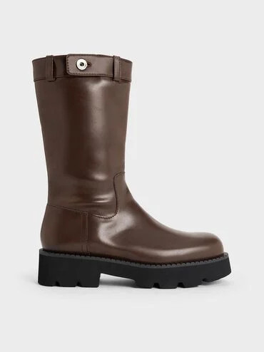 Dark Brown Side-Zip Lug-Sole Calf Boots | CHARLES & KEITH | Charles & Keith EU