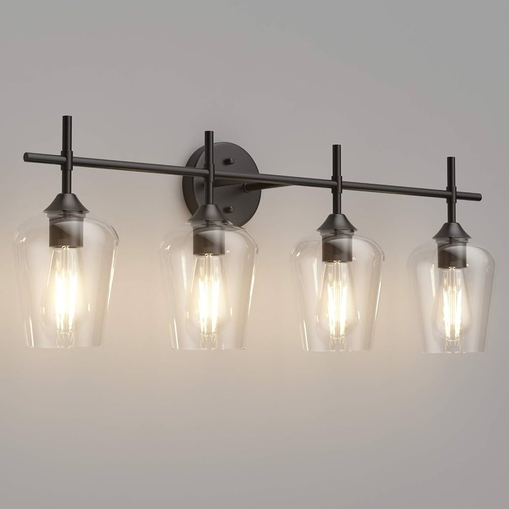 Ralbay Vintage Bathroom Vanity Lighting Fixtures 4-Lights Industrial Matte Black Finish with Clea... | Amazon (US)