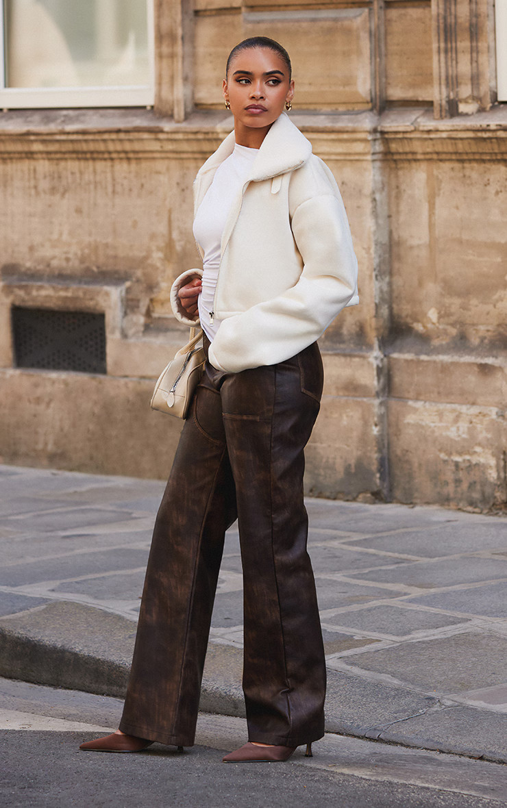 Washed Brown Faux Leather Seam Detail Pants | Bottoms | PrettyLittleThing US