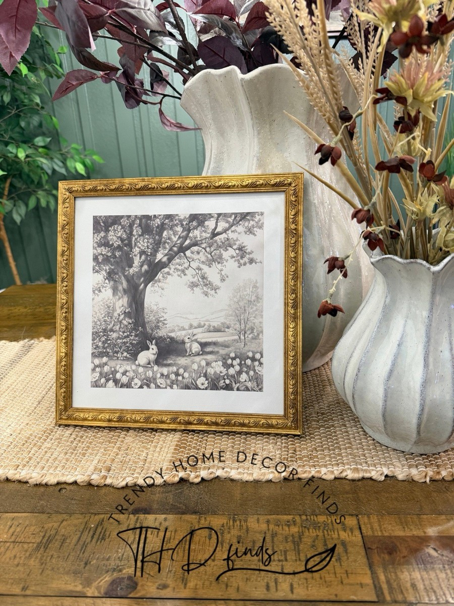 Bunnies in Nature Framed Easter Artwork, Black and White, 12" x 12", by My Texas | eBay US