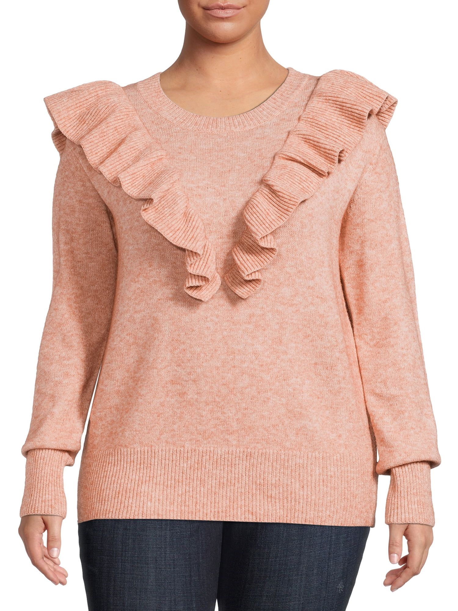 Dreamers by Debut Women's Plus Size Ruffle Trim Pullover Sweater - Walmart.com | Walmart (US)