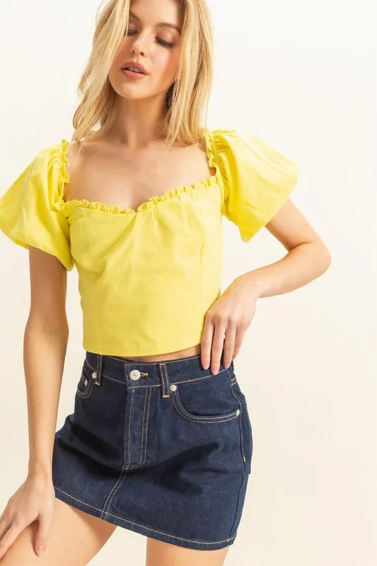 Puff Sleeve Sweetheart Neck Top YELLOW / S | Casual Chic Boutique