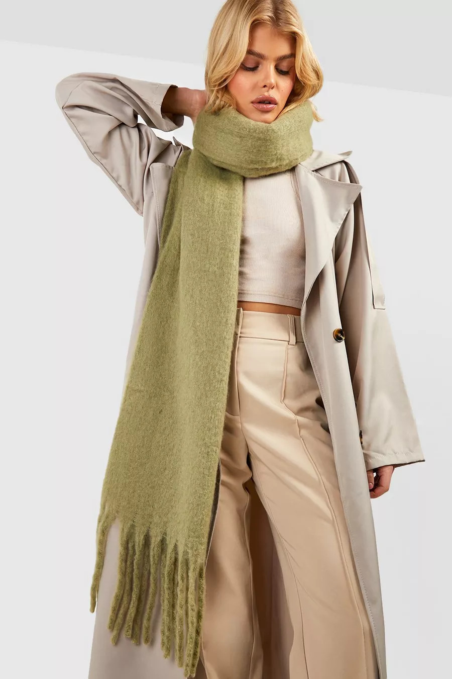 Chunky Khaki Fringe Scarf | Boohoo.com (US & CA)