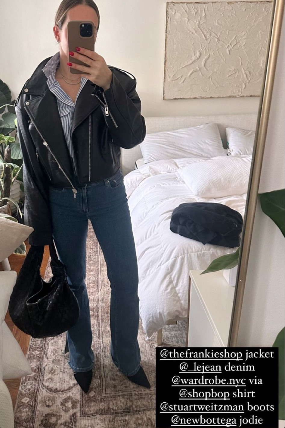 Versatile look 🖤 

@thefrankieshop jacket
@_lejean denim 
@wardrobe.nyc via 
@shopbop shirt 
@stuartweitzman boots 
@newbottega jodie

leather jacket l black outfit l jeans outfit l dark wash jeans l shopbop l button up