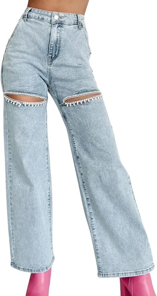 Women's High Waist Straight Wide Leg Y2K Denim Pants Cut Out Rhinestone Jeans Streetwear | Amazon (US)