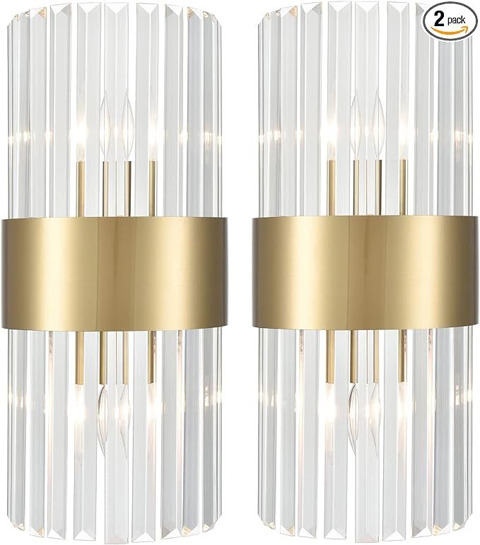 TEENYO Clear Glass Wall Sconces Set of Two Titanium Gold Wall Light Fixtures Modern Crystal Sconc... | Amazon (US)