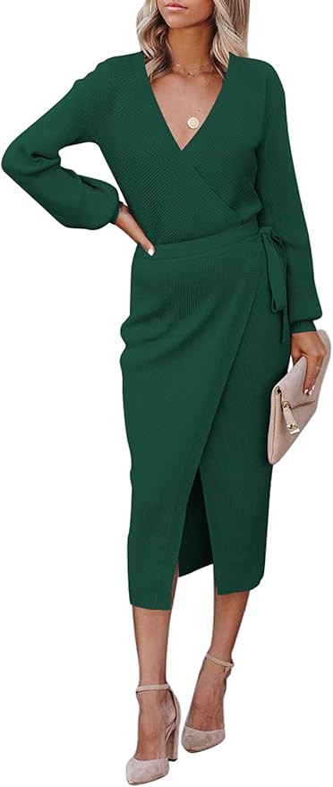 Linsery Women's Wrap V Neck Long Sleeve Belted Sweater Ribbed Knit Midi Dress | Amazon (US)