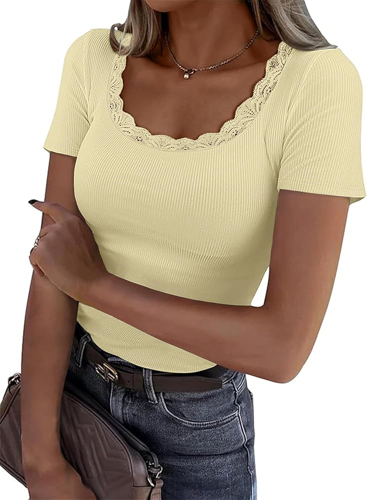 Women's Short Sleeve Tops Scoop Neck Lace Trim Ribbed Fitted Tight Shirts Casual Basic Tee Spring... | Amazon (US)