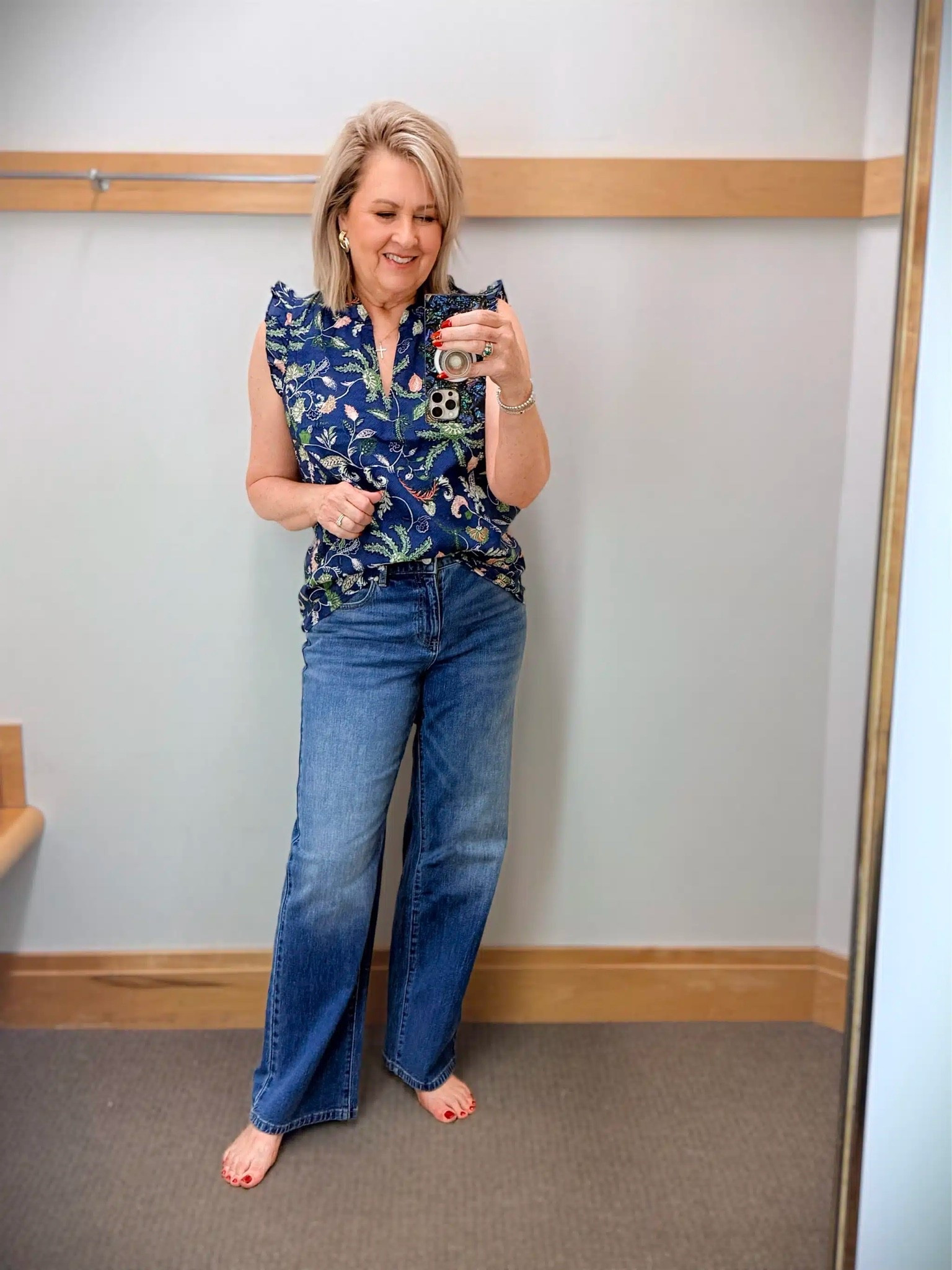 Jeans and a nice top is always an easy go to. This ruffle sleep top is feminine and great for late Summer weather. I’m wearing a medium and styled it with the same trouser jeans in a size 8.

#LTKWorkwear #LTKOver40 #LTKootd