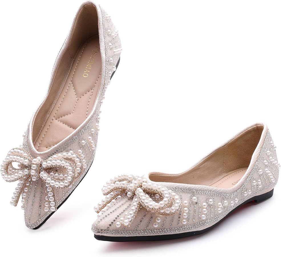 Flats Shoes Women Rhinestone Wedding Flats Pointed Toe Ballet Flat Shoe Low Heel Dress Shoes Spar... | Amazon (US)