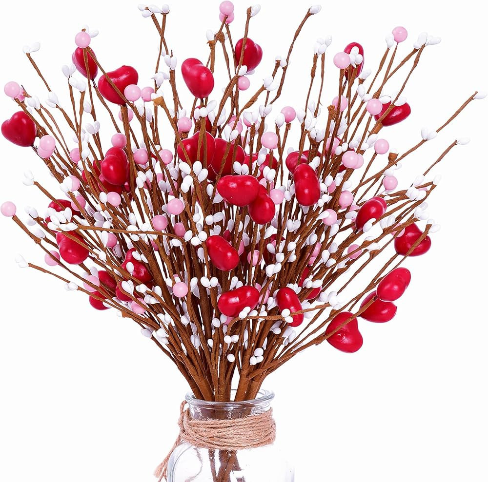 yeabwps 8Pcs Artificial Heart Shaped Berry Picks Red Berry Stems for Valentine’s Day, Faux Berr... | Amazon (US)