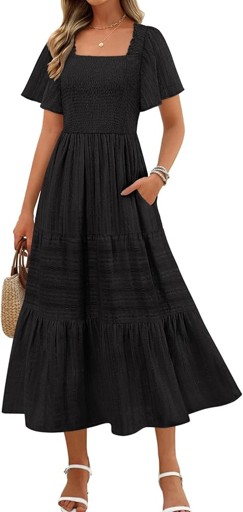 MEROKEETY Women's 2025 Summer Flowy Midi Maxi Dress Short Sleeve Square Neck Smocked Tiered Ruffl... | Amazon (US)
