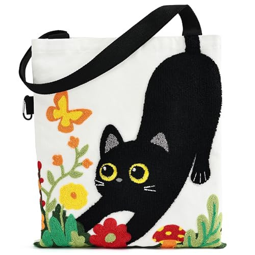 Jeasona Embroidered Cat Canvas Tote Bag for Women - Cute 3D Black Cat & Flowers Reusable Canvas Shoulder Bag with Pocket, Ideal Gift for Cat Lovers and Women | Amazon (US)