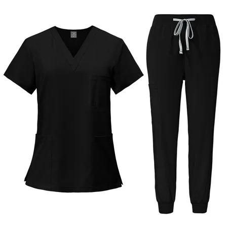 ZeXiYan Black Jogger Scrubs for Women Set Cool Nurse Esthetician Uniforms Stretchy Joggers Suit Solid Color V Neck Top and Pants with Four Pockets Scrub In Regular and Petite 2XL | Walmart (US)