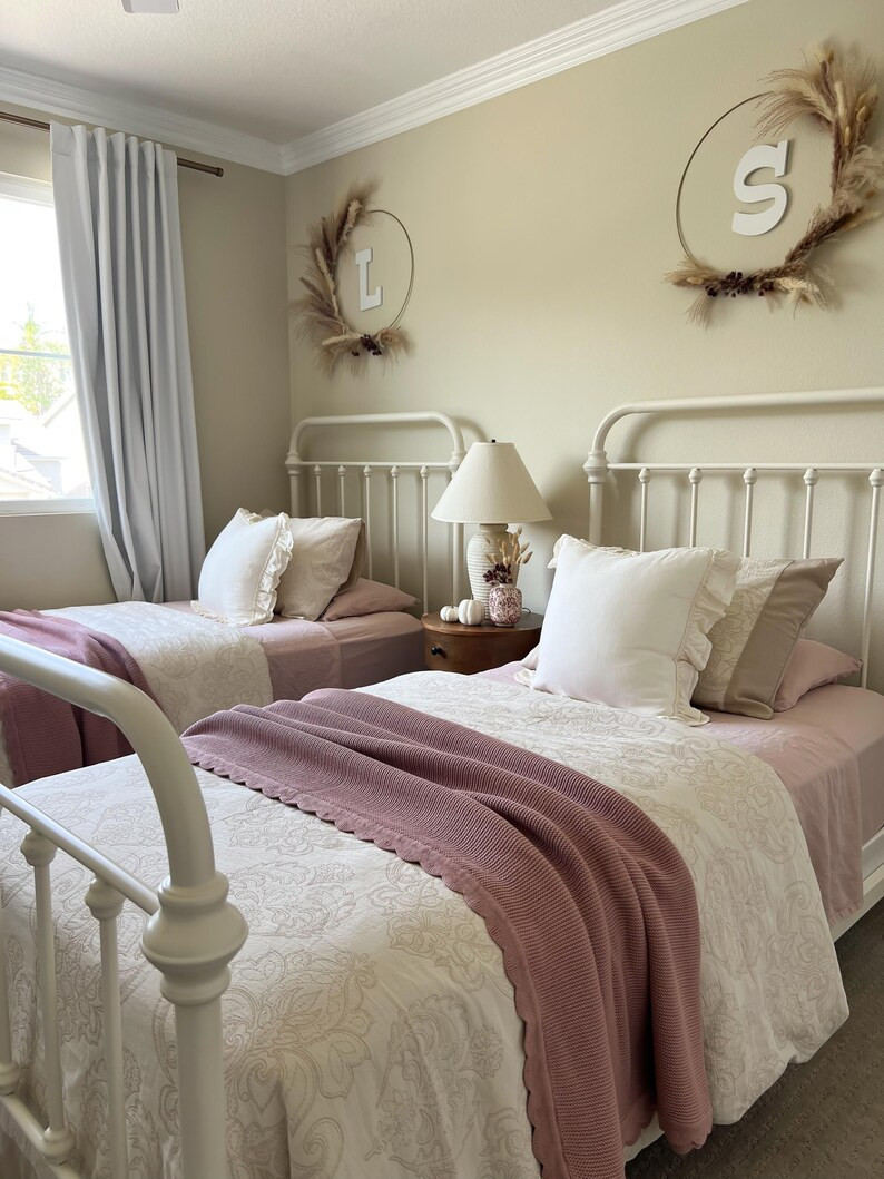 Pink Yellow Knit Cotton Throw Blanket: Cozy Bed Couch Throw with Scalloped edges | Etsy (US)