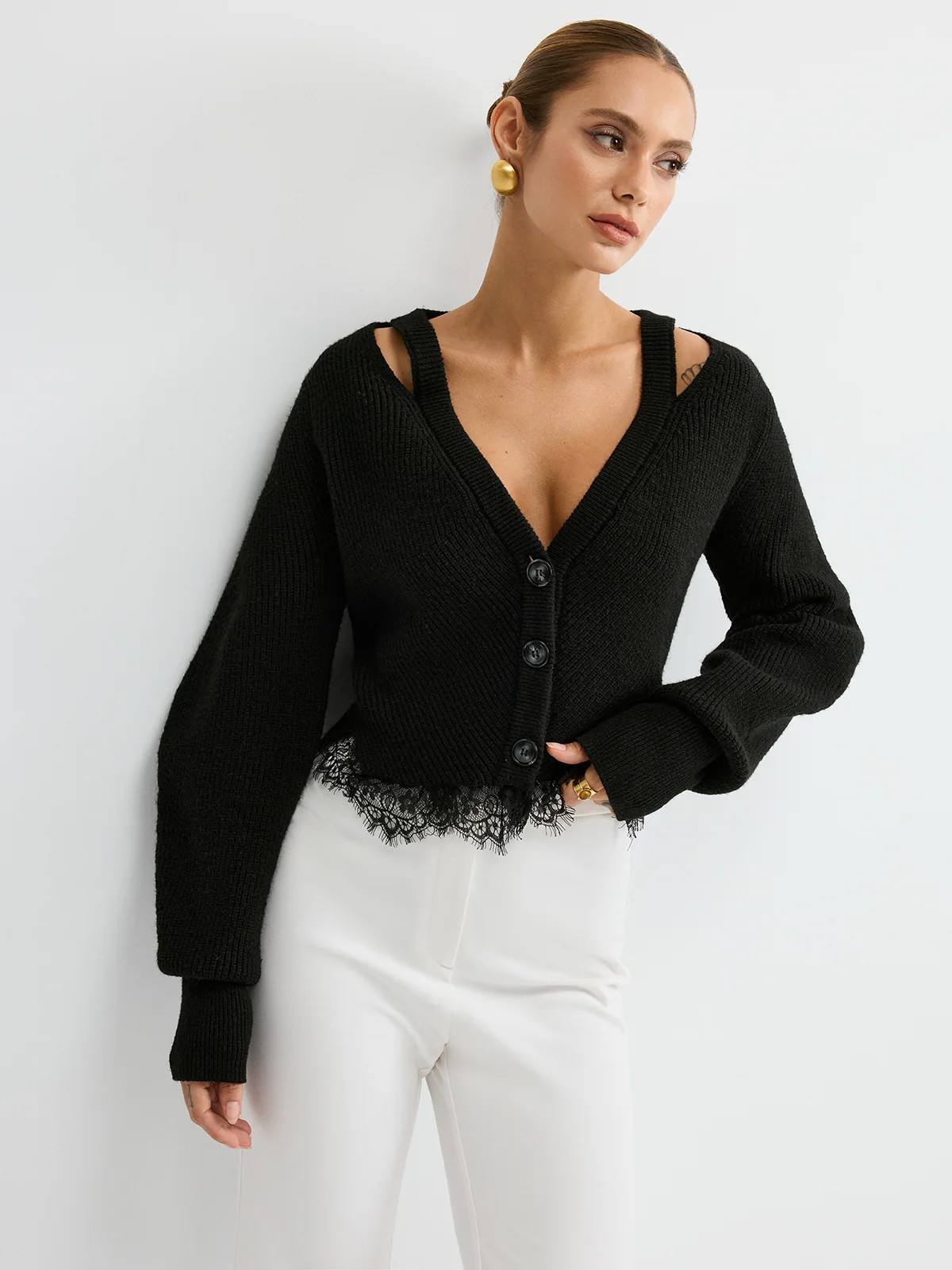 Lace Hem Wool Blend Cardigan | Commense