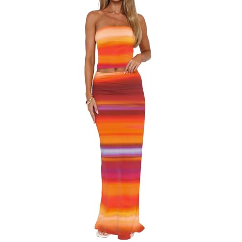 Goafuliy Womens Two Piece Skirt Outfits Sleeveless Bandeau Tops Floral Maxi Skirts 2 Pc Y2k Matching Going Out Sets Orange S | Amazon (US)