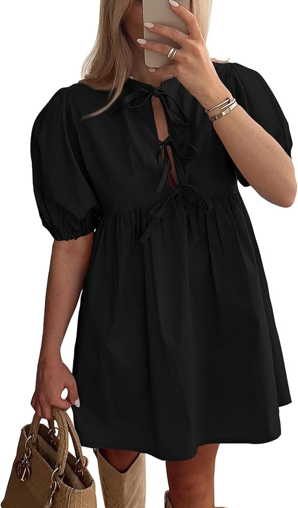 PRETTYGARDEN Womens 2025 Summer Casual Short Sleeve Dresses A Line Bow Tie Front Babydoll Loose C... | Amazon (US)