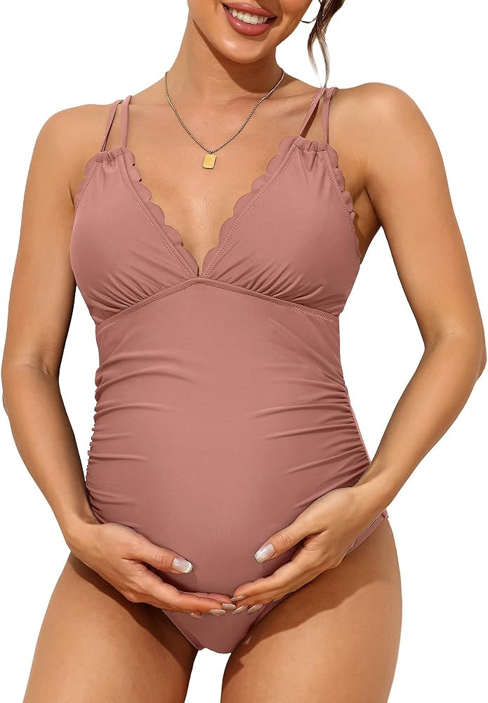 Charmo Scallop Trim Maternity Swimsuit One Piece V Neck Pregnancy Bathing Suit Ruched Swimwear Cu... | Amazon (US)