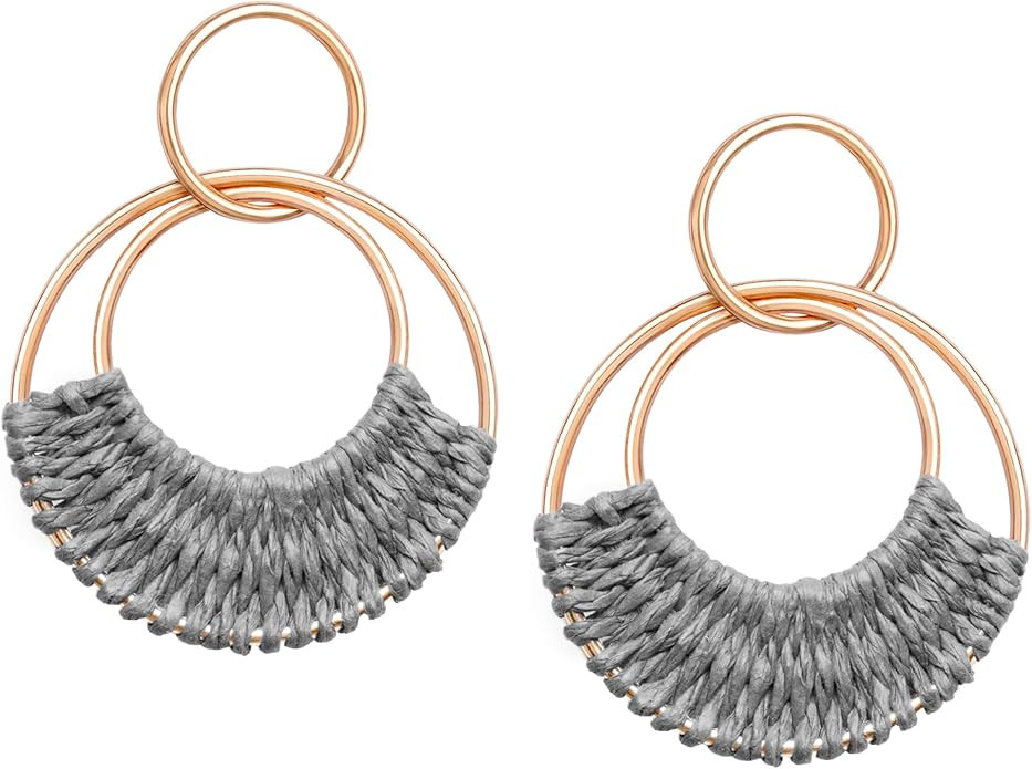 Raffia Hoop Earrings for Women Fun Boho Summer Beach Earrings Lightweight Handmade Straw Wicker R... | Amazon (US)