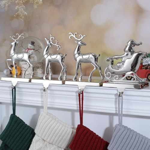Set of 4 Reindeer Christmas Stocking Holders for Mantel, Deer and Santa Stocking Hangers for Fireplace,Christmas Hanger for Stocking,Metal Stocking Hooks for Xmas Decor (Deer Set) | Amazon (US)