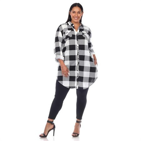 PS17558-01-2X Women Plus Size Plaid Tunic Long Sleeve Shirt Black & White - 2XL | Walmart (US)