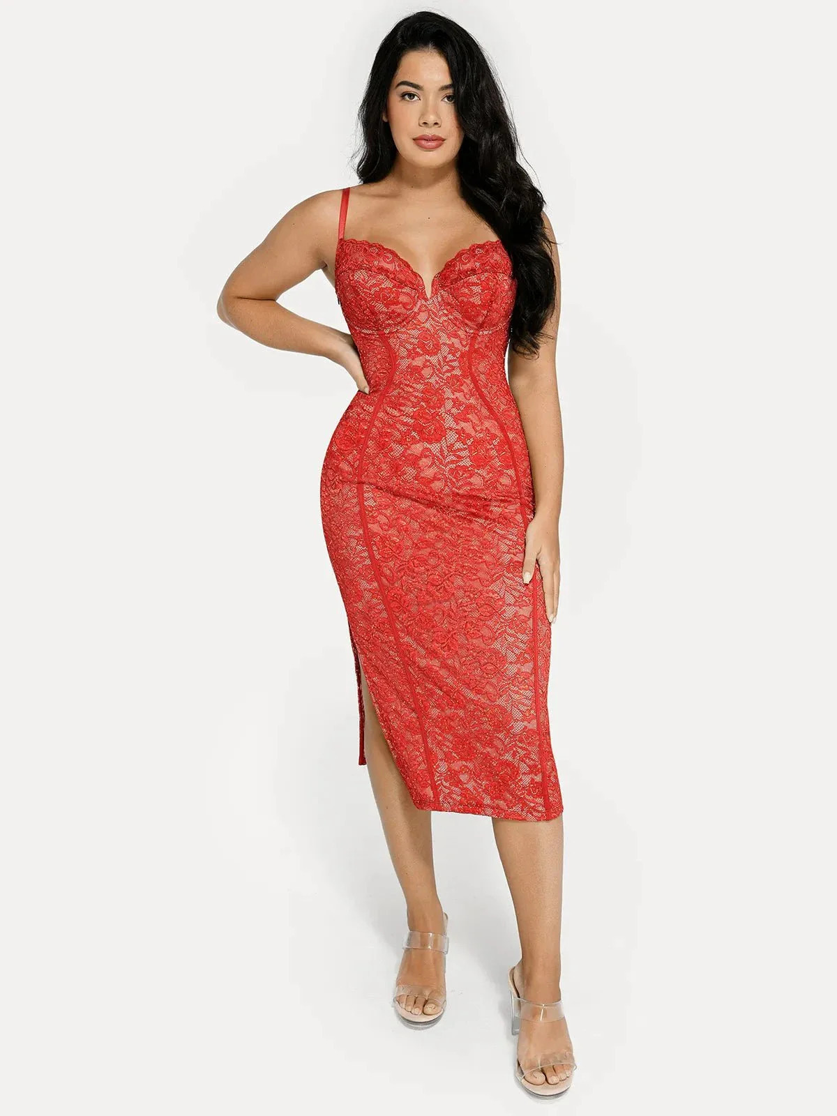 Shapewear All-Lace Hourglass Corset Side Slit Midi Dress - Red / M | Popilush