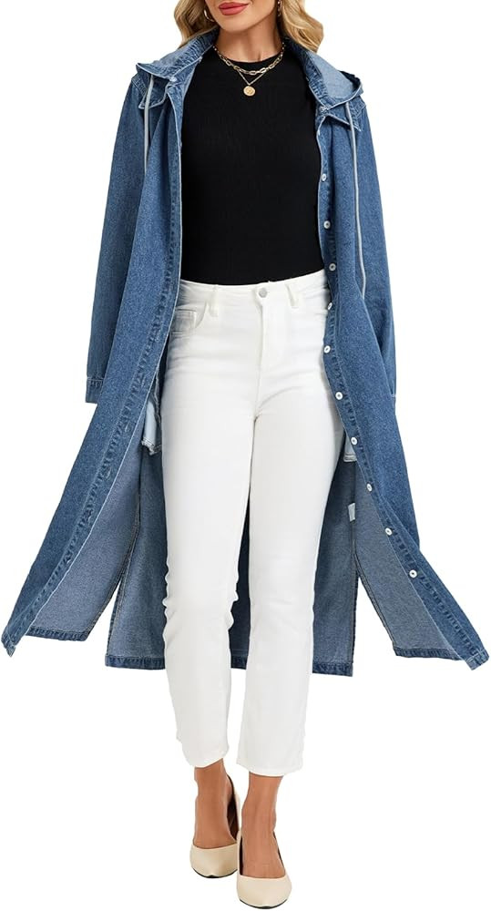 Women's Long Denim Jackets Maxi Trench Coat Jean Jacket with Drawstring Detachable Hoodie | Amazon (US)
