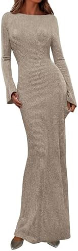 PRETTYGARDEN Women's Fall Long Sleeve Bodycon Maxi Dresses | Stretchy Ribbed Knit, Boat Neck Bell... | Amazon (US)