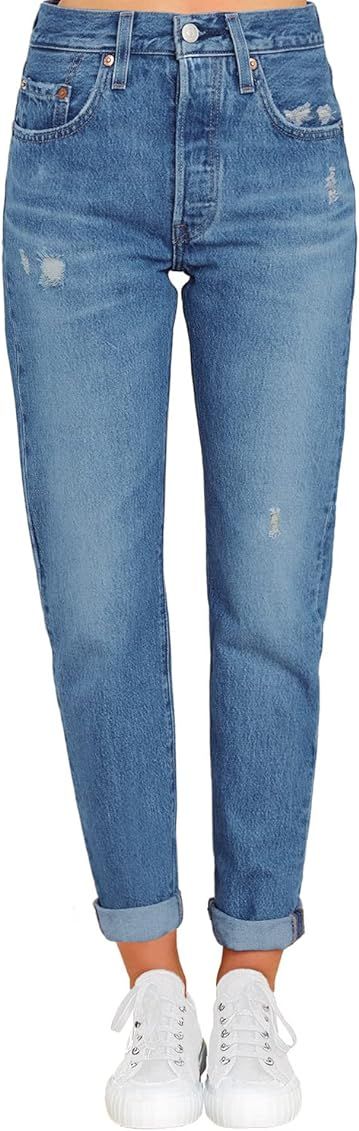 luvamia Women's Casual Ripped Jeans Elastic Waist Slim Boyfriend Jeans Denim Pants | Amazon (US)