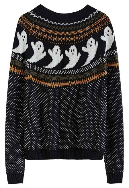 Cute Ghost Long Sleeves Knit Sweater in Black Halloween Costumes | Chicwish