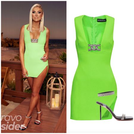 Gina Kirschenheiter’s Neon Green Real Housewives of Orange County Season 17 Reunion Dress and Embellished Sandals 📸 = @bravotv