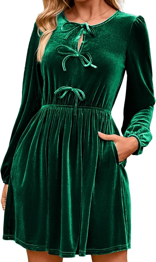 Simplee Womens Fall Velvet Dress Long Sleeve Bow Tie Front Babydoll A Line Cocktail Party Christm... | Amazon (US)