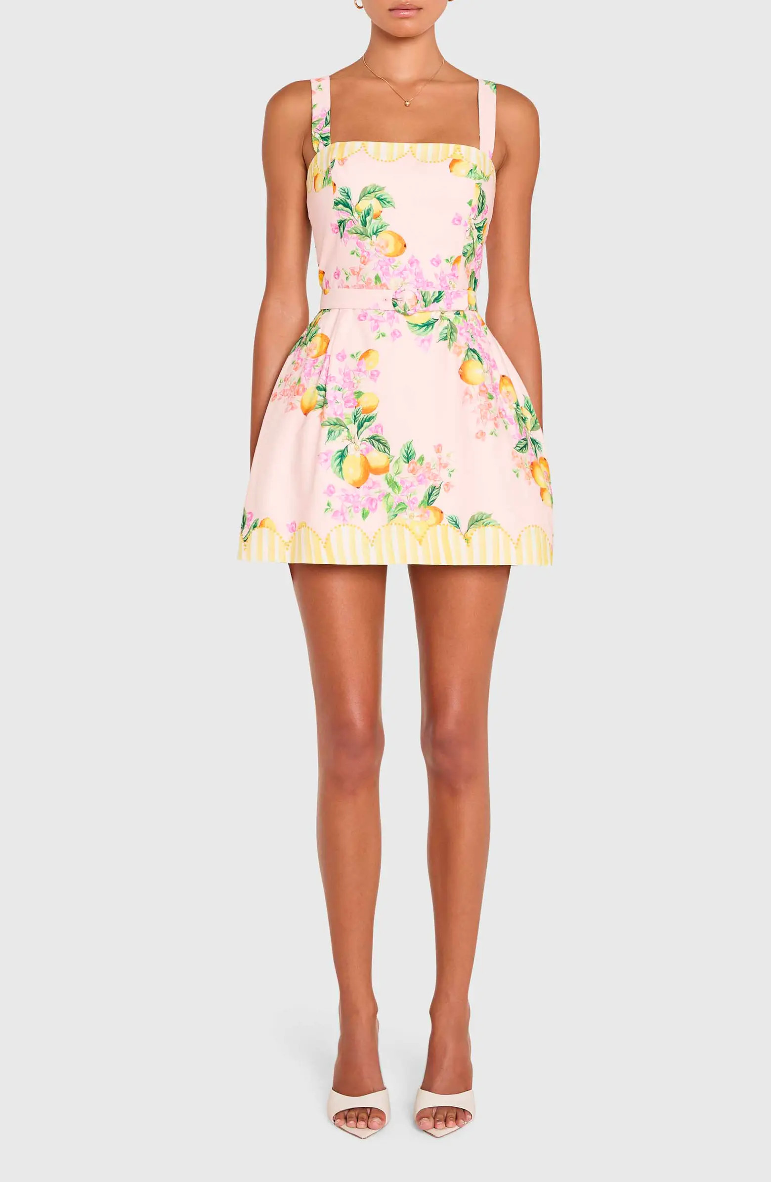 Judie Lemon Print Belted Linen Blend Romper | Nordstrom