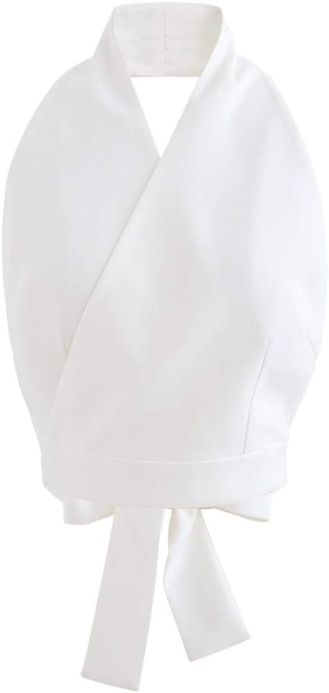 Chicwish Women's Comfy Casual Black/White Tie Waist Halter Crop V-Neck Top | Amazon (US)