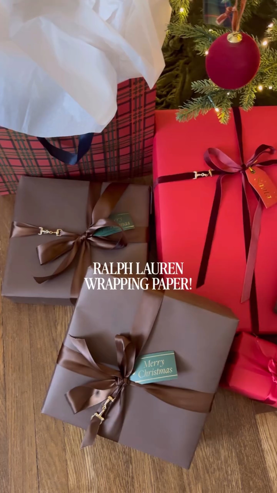 plaid bags & gift tags are from home goods but I saved similar options too

I wanted to tie in all of the colors in my RL inspired tree so I did 3 monochromatic colors with both gold & silver horsebits, you could just pick 1 (I personally loveee the brown)

#ralphlauren #ralphlaurenchristmas #christmaswrapping wrapping paper tutorial, Christmas bow tutorial

#LTKHoliday
