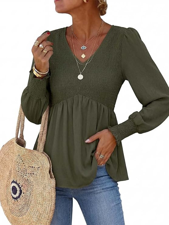 HEYTALALA Womens Long Sleeve Shirts V Neck Peplum Tops Dressy Casual Smocked Babydoll Blouses 202... | Amazon (US)