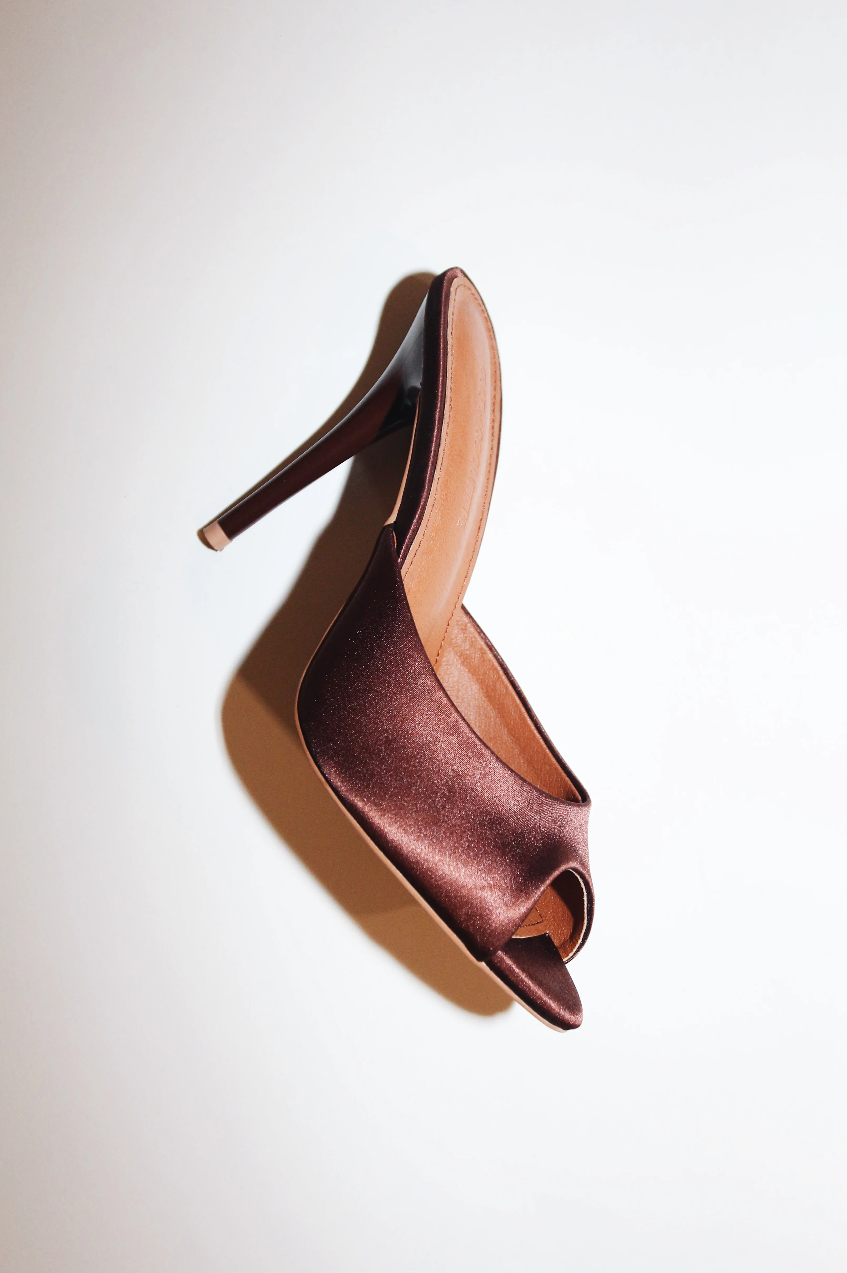 Ford Chocolate Brown Satin Open Toe Mules | CULT OF COQUETTE