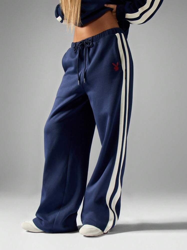 Missguided x Playboy Wide Leg Athletic Sweatpants Varsity Stripe Loungewear Casual Sport Track Pa... | SHEIN