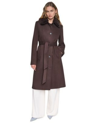 Dkny Women's Faux-Fur Collar Belted Coat - Black | Macy's