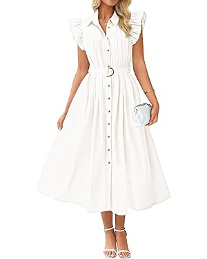 ZESICA Women's 2025 Summer Boho Button Midi Dresses Casual V Neck Flutter Sleeve Belted Long Dres... | Amazon (US)