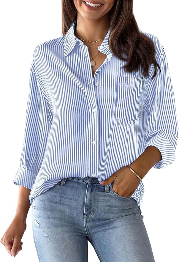 Womens Button Down Shirts Cotton Striped Dress Shirts Long Sleeve Button Up Collared Office Work ... | Amazon (US)