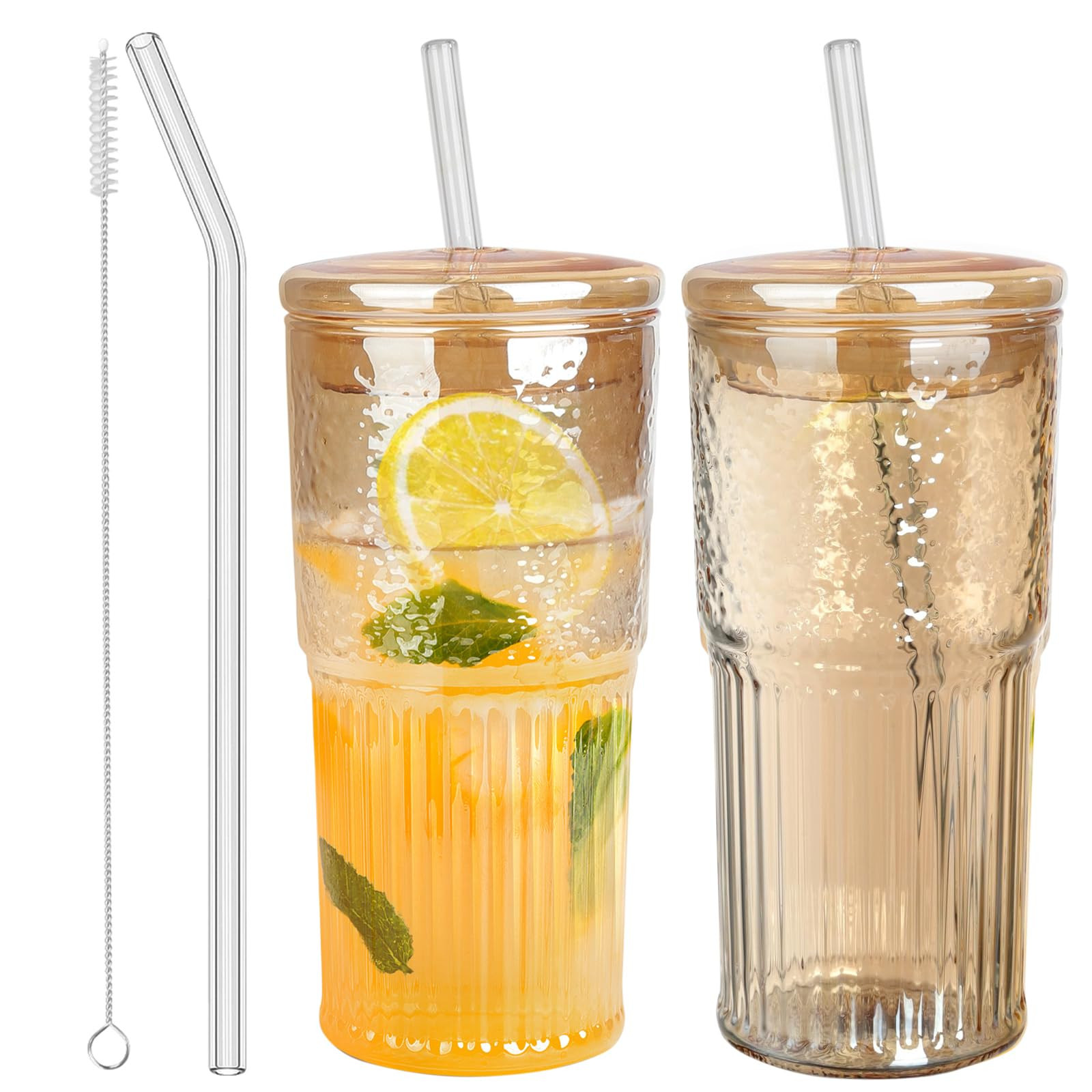 Glass Cups with Lids and Straws, Amber 20 OZ Iced Water Glasses Tumblers for Ice Juice, Tea, Milk... | Amazon (US)