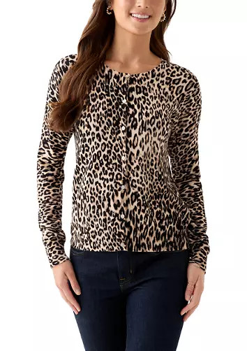 Petite Heather Leopard Button Down Cardigan | Belk