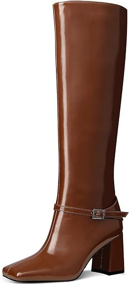 MUCCCUTE Knee High Boots for Women - Black/Brown Square Toe Chunky Heel Tall Boots Faux Leather L... | Amazon (US)