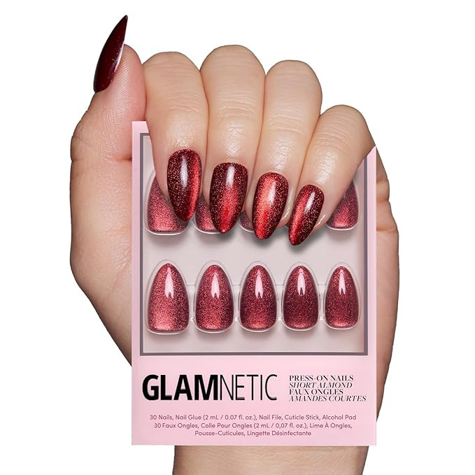 Glamnetic Press On Nails - Ruby Slipper | Deep Red Sparkly Short Almond Fake Nails with a Velvet ... | Amazon (US)