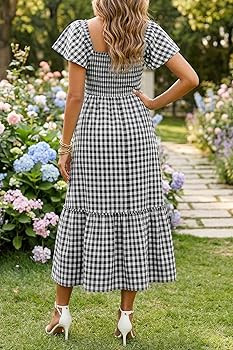 Women Summer Dresses - Plaid Cotton Smocked Square Neck Flutter Sleeve Casual Midi Dress Pocket 2... | Amazon (US)