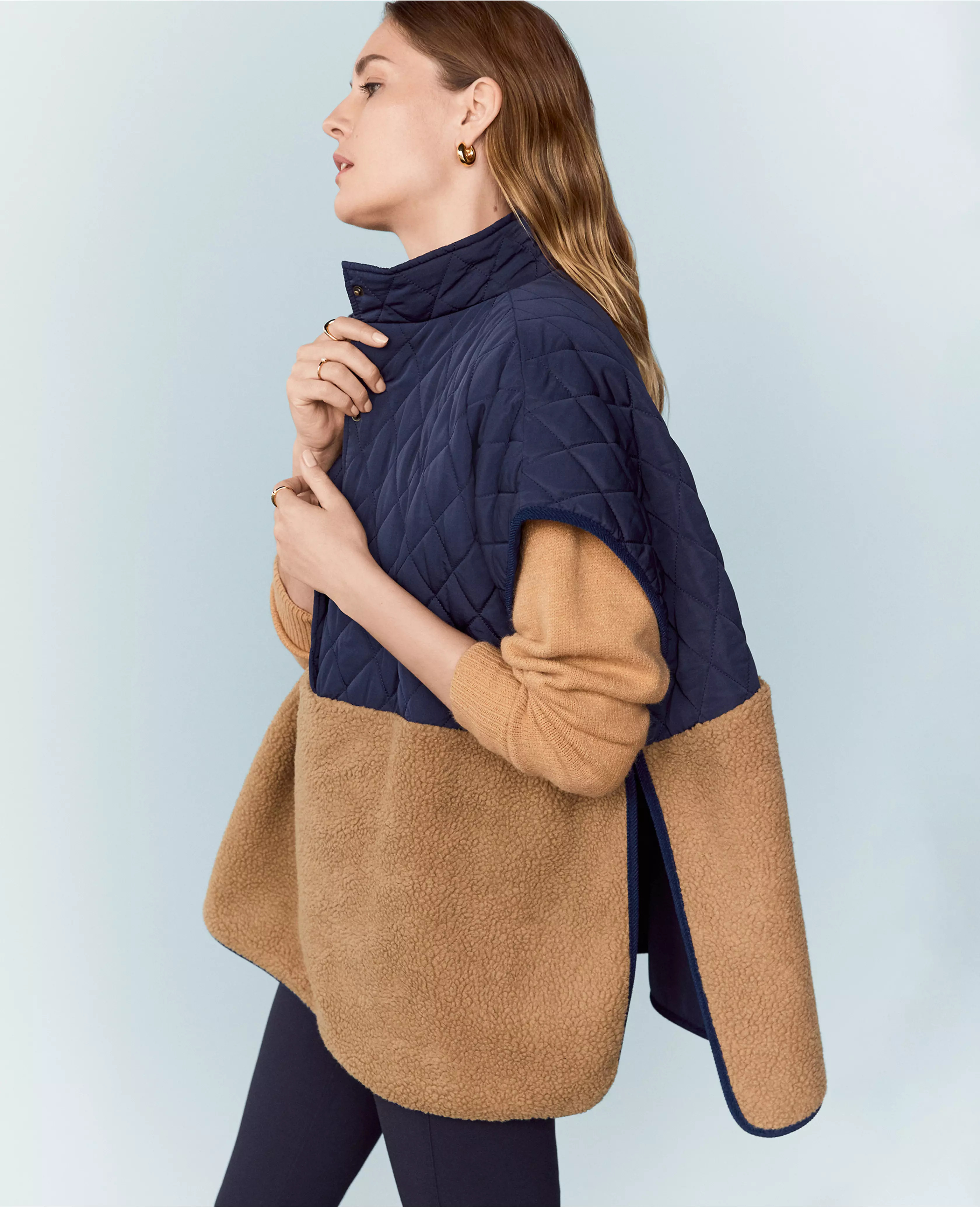 Quilted Sherpa Button Front Poncho | Ann Taylor