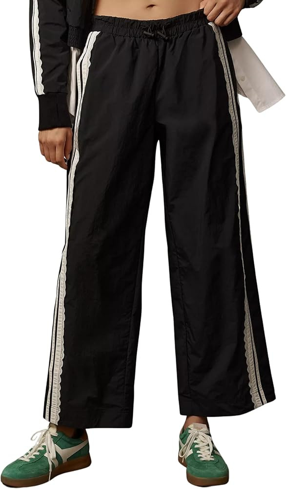 Women Baggy Track Pants Lace Side Stripe Drawstring Elastic Waist Wide Leg Parachute Pants with P... | Amazon (US)