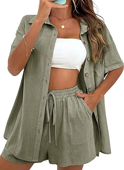 APAFES Women Summer Cotton Linen Short Sets 2 Piece Shorts Top Lounge Beach Vacation Two Piece Ou... | Amazon (US)